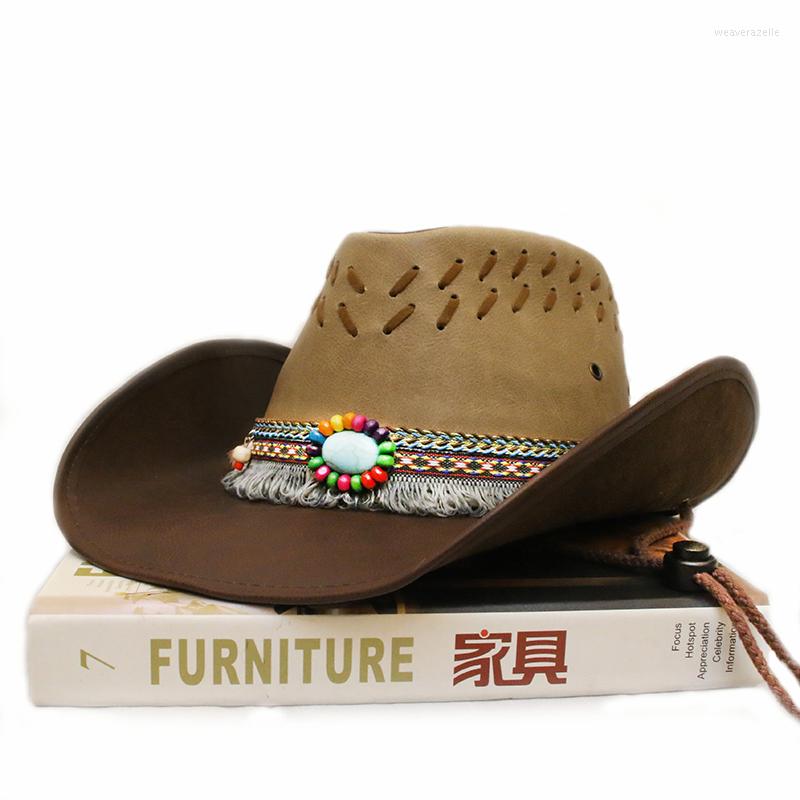 

Berets Unisex Women Men Retro Turquoise Bead Band PU Leather Roll Up Wide Brim Sombrero Sun Cap Beach Cowboy Cowgirl Western Hat (58cm, No.2 crystal khaki