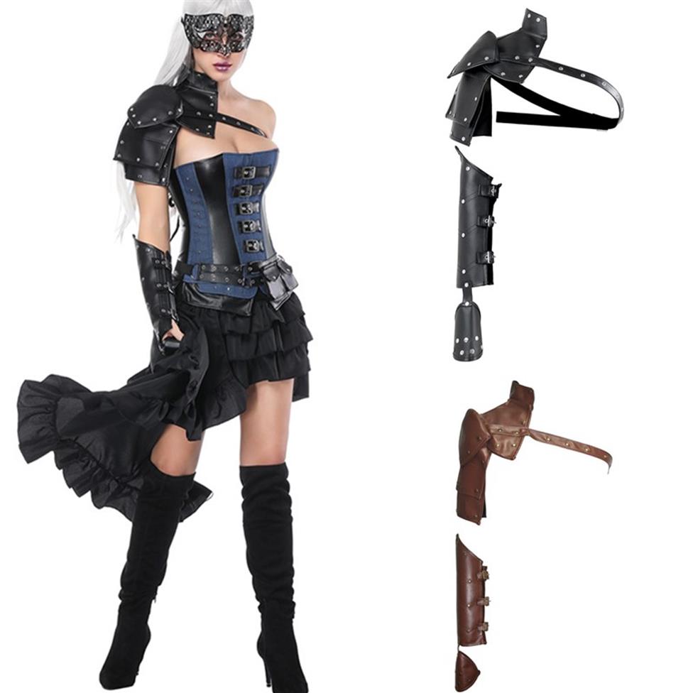

Unisex Costume Accessories 2pcs Gothic Steampunk Cosplay PU Leather Single Shoulder Armors Arm Strap Set Adjustable Metal Rivet Sh243A, Silver