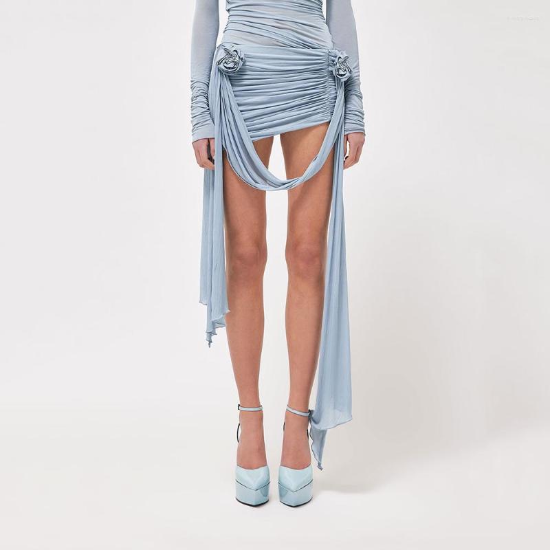 

Skirts 2023 Women' Skirt Y2K Three-dimensional Flowers Decorated Draped Long Floating Belt Fashion Pleated Hundred Mini, Blue