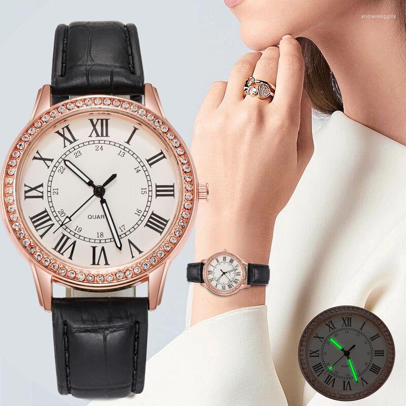 

Wristwatches Women Watches Ladies Luminous Wrist Diamond Leather Strap Watch For Female Gift Relogio Feminino, Black