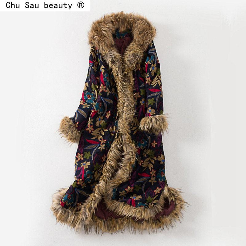 

Leather Winter Vintage Ethnic Style Women Floral CottonPadded Coat Long Thick Large Fur Collar Loose Hooded Padded Jacket, As picture