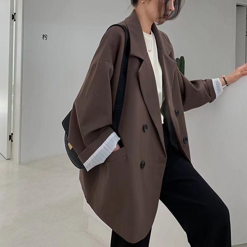 

Pants Blazers Women Loose Spring Simple Office Lady Allmatch Outwear Pockets Retro Elegant Formal Colleges Femme Pure Color Harajuku, Brown