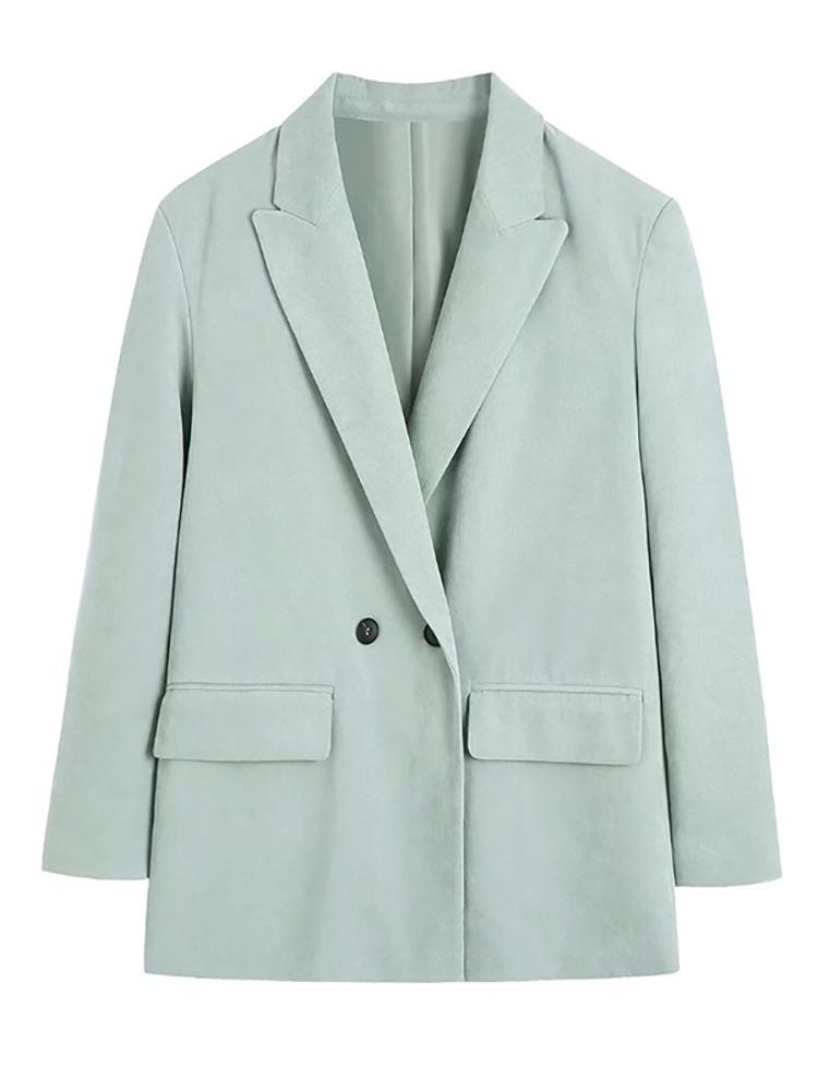 

Pants Evfer Office Lady Casual Two Pockets Spring Autumn Looose Solid Blazers Womens Double Breasted Fashion Soft Jackets Outwear