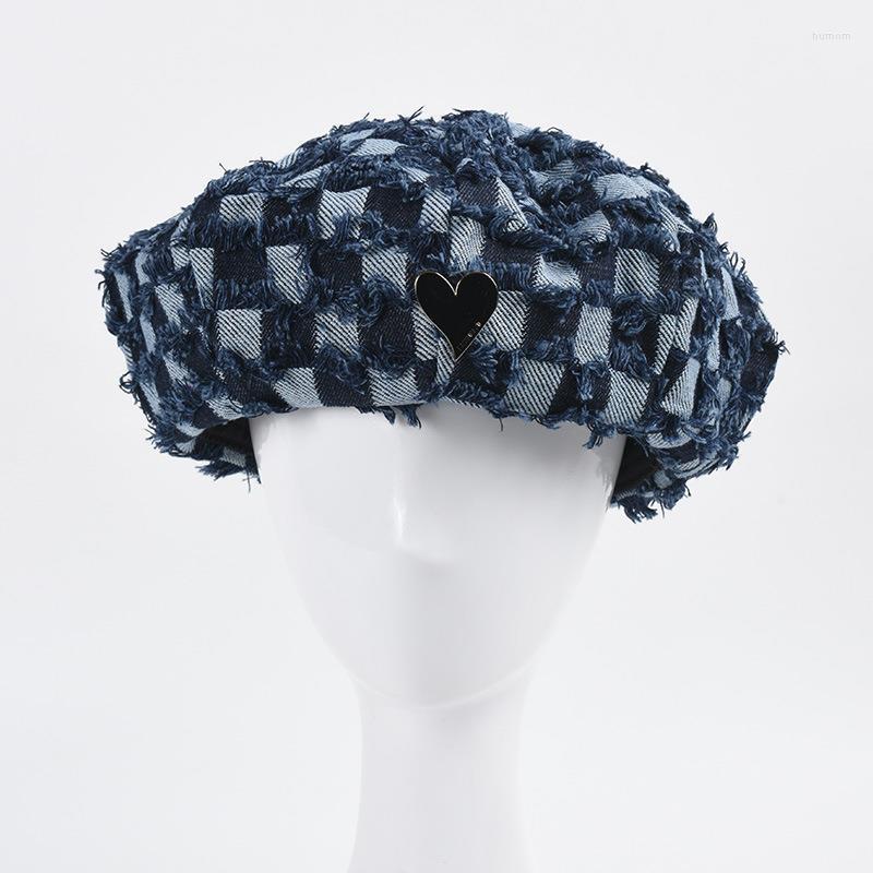 

Berets 2023 Retro Washed Cotton Casual Denim Hat For Women Plaid Visors Flat Painter Caps Spring Summer Fashion Lady Octagonal, Blue