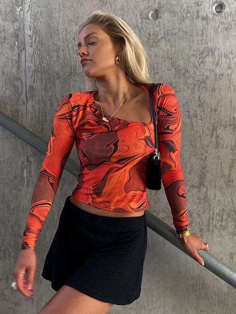 

Women' T Shirts 2023 Tie Dye Print Long Sleeve Crop Top Women Y2K Casual Summer Spring Aesthetic Harajuku Cut Out Orange Sexy 90S