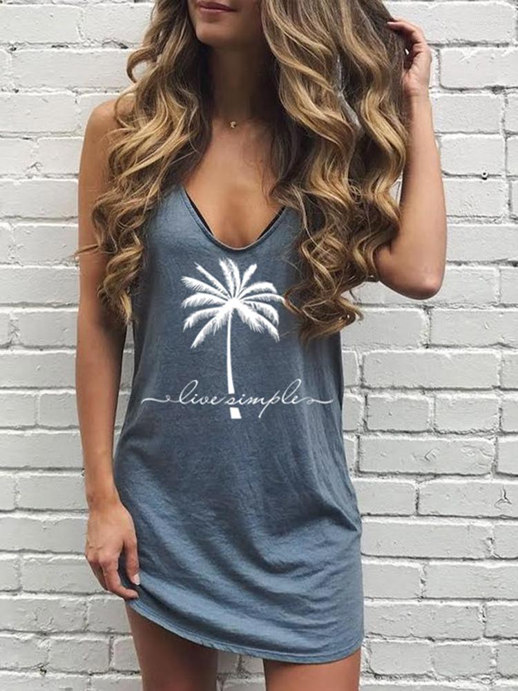 

Casual Dresses Simple Coconut Tree Sleeveless Mini T Shirts Dress Women V Neck Summer Vacation Sunshine Sand Beach 2023 Loose Fit, Blue