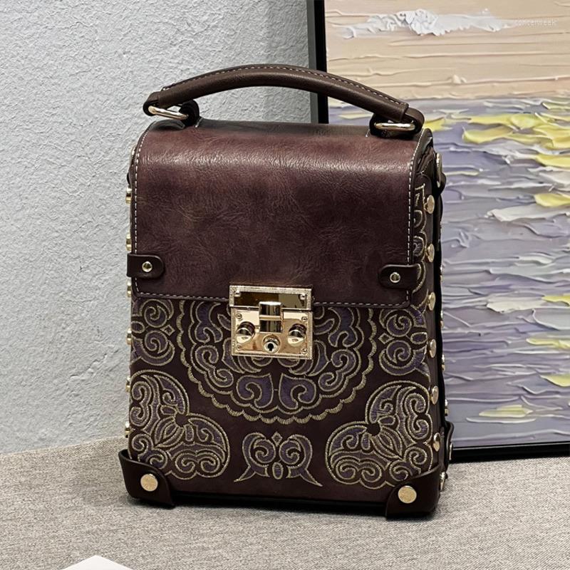

Evening Bags Fashion Embroidery Handbag Female Luxury Leather Ladies Vintage Chinese Style Shoulder Bag For Women, Black