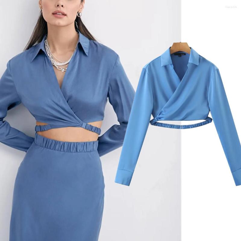 

Women' Blouses Elmsk 2023 Fashion Simple Satin Shirt Blouse Women High Street Sexy Hollow Out Short Tops, Blue