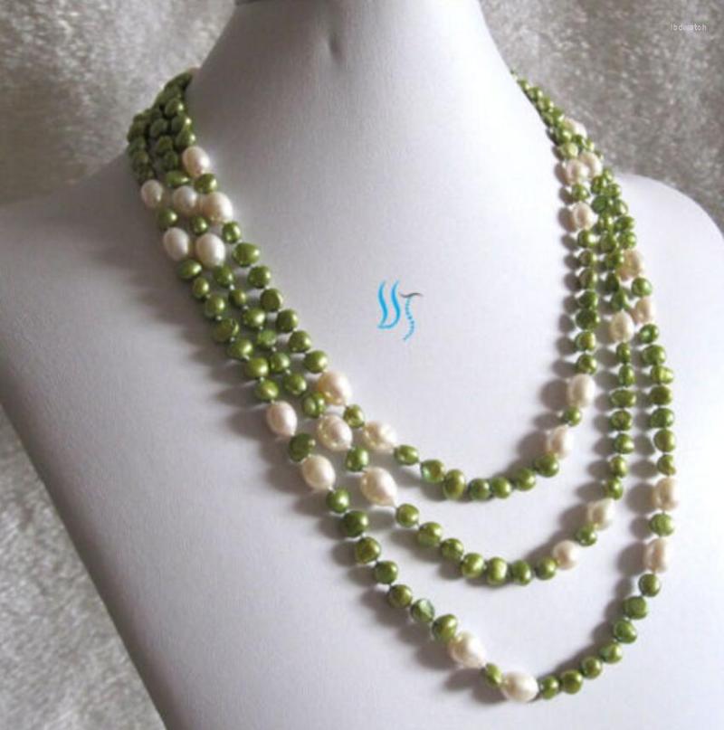 

Chains Jewelry 66" 5-9mm White Green Baroque Rice Freshwater Pearl Necklace