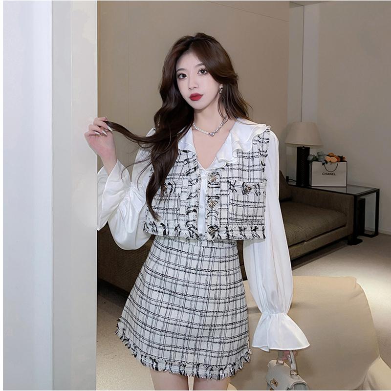 

Dress Women Three Piece Set Fall New Fashion French Plaid Suits Short Vest + Tassel Skirt + Long Sleeve Shirt Clothing Female, Black set