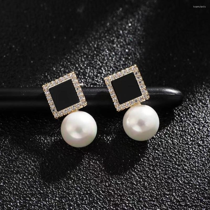

Stud Earrings Exquisite Black Geometric Nature Pearl For Women Girls With Cubic Zircon Real Gold-plated Earring Fashion Jewelry