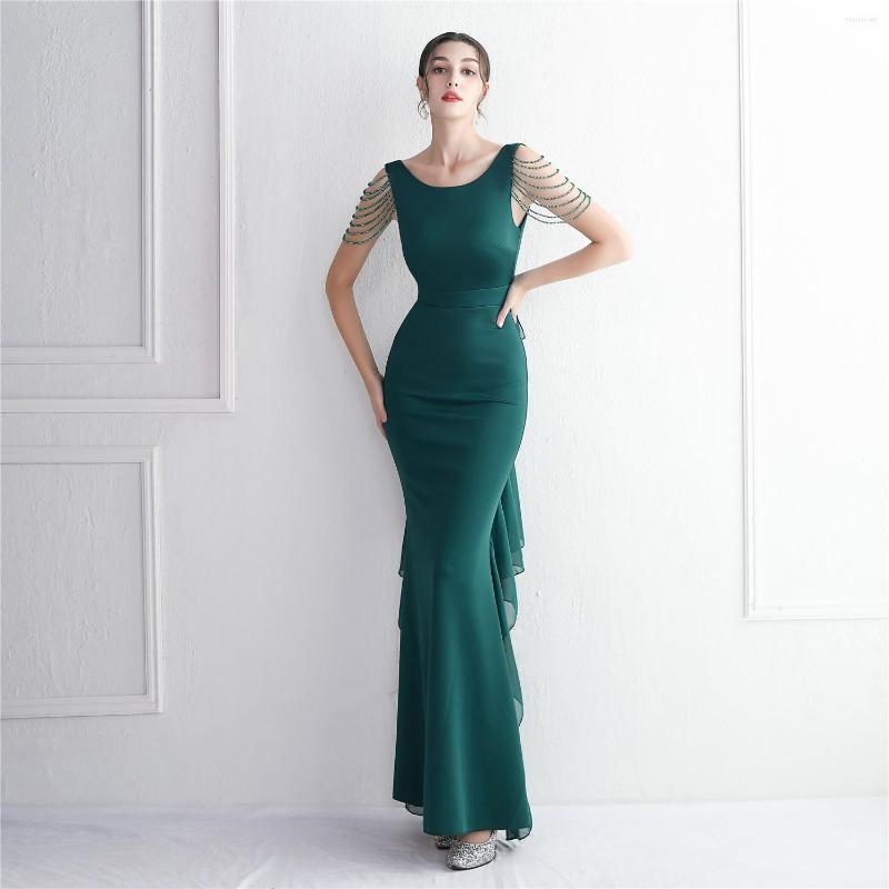

Party Dresses Elegent O-Neck Satin With Tassel Draped Backless Prom Sexy Chic Ruffles Woman Cocktail Evening Gown JQ1214, Green