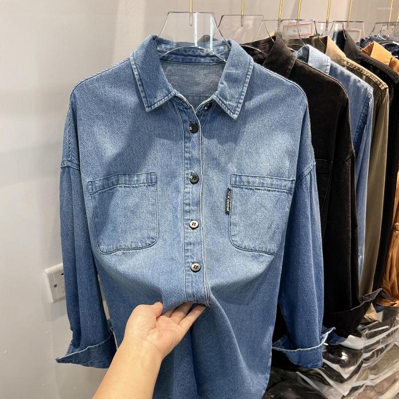 

Women's T Shirts Blue Denim Shirt Women's Long-sleeved 2023 Early Spring Western-style Silk Lining Design Feeling French Style Top, Coffee black