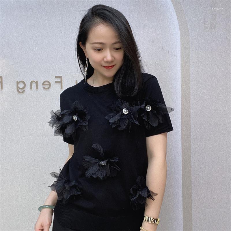

Women's T Shirts Patchwork Summer Jumper For Women Solid Color Short Sleeve Sweater Crewneck Knitted Tees, Black