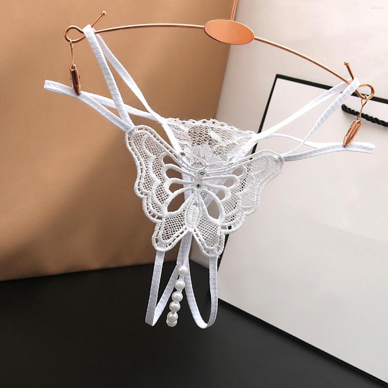 

Women's Panties Open Crotch Women Embroidery Hollow Butterfly Low Waist Underpants Pearls Thongs Briefs Transparent G-string Underwear, Black