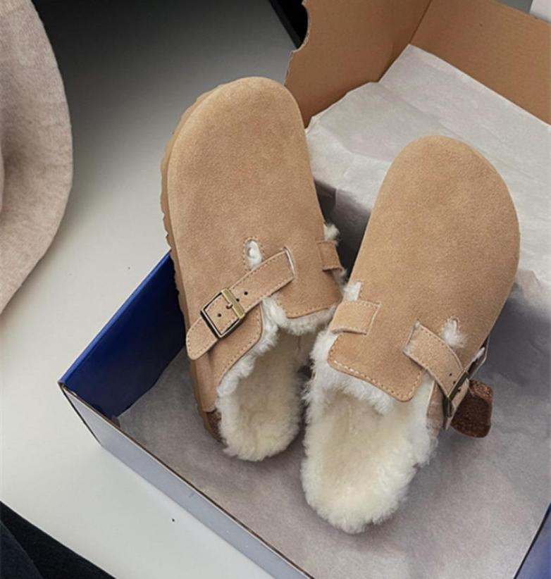 

Women Girl039s Boston Slippers wool fur lined slides Bag Head Pull Cork Designer Sandal seude shearling mules Lazy Shoes Scuffs4505877, Grey