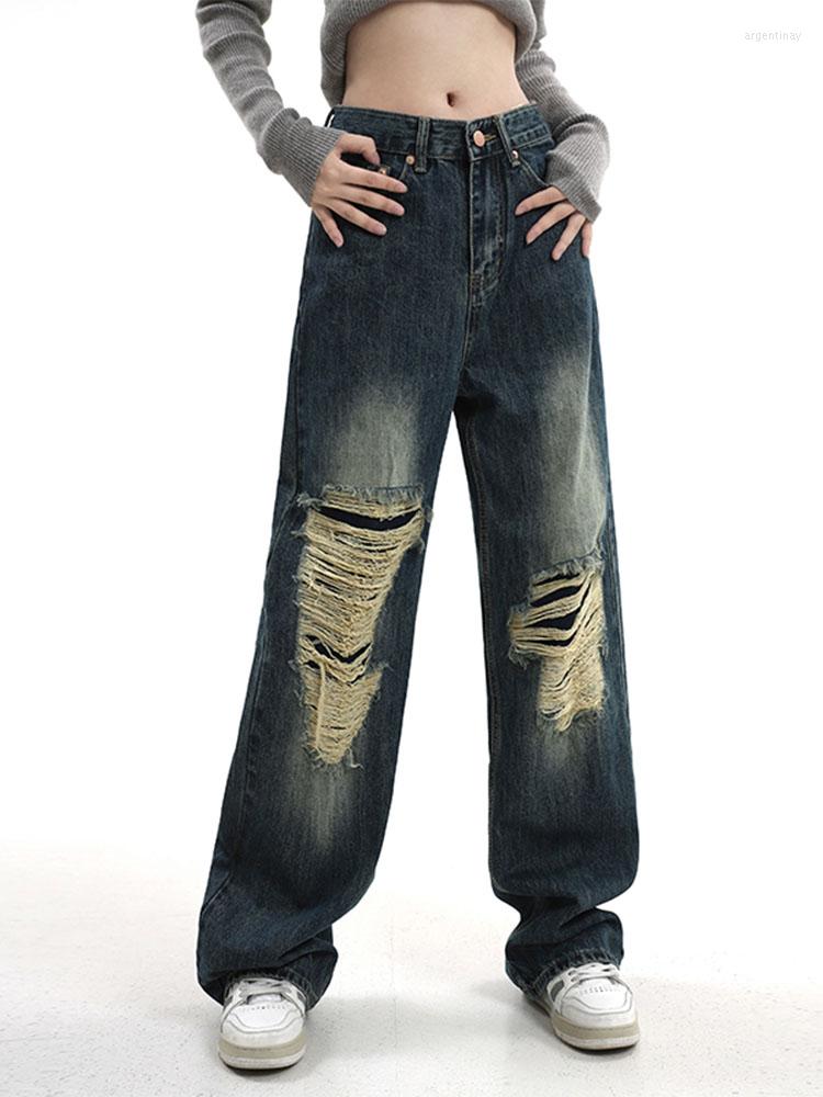 

Women' Jeans Spring Summer Women' Street Ripped High Waisted Baggy Wide Leg Y2K Hip Hop Pants Blue Fashion