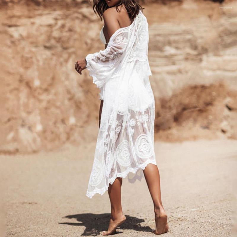 

Women's Swimwear Chic See-through Lace  Solid Color Women Summer Vacation Bikini Dress Quick Dry Lady Garment, White