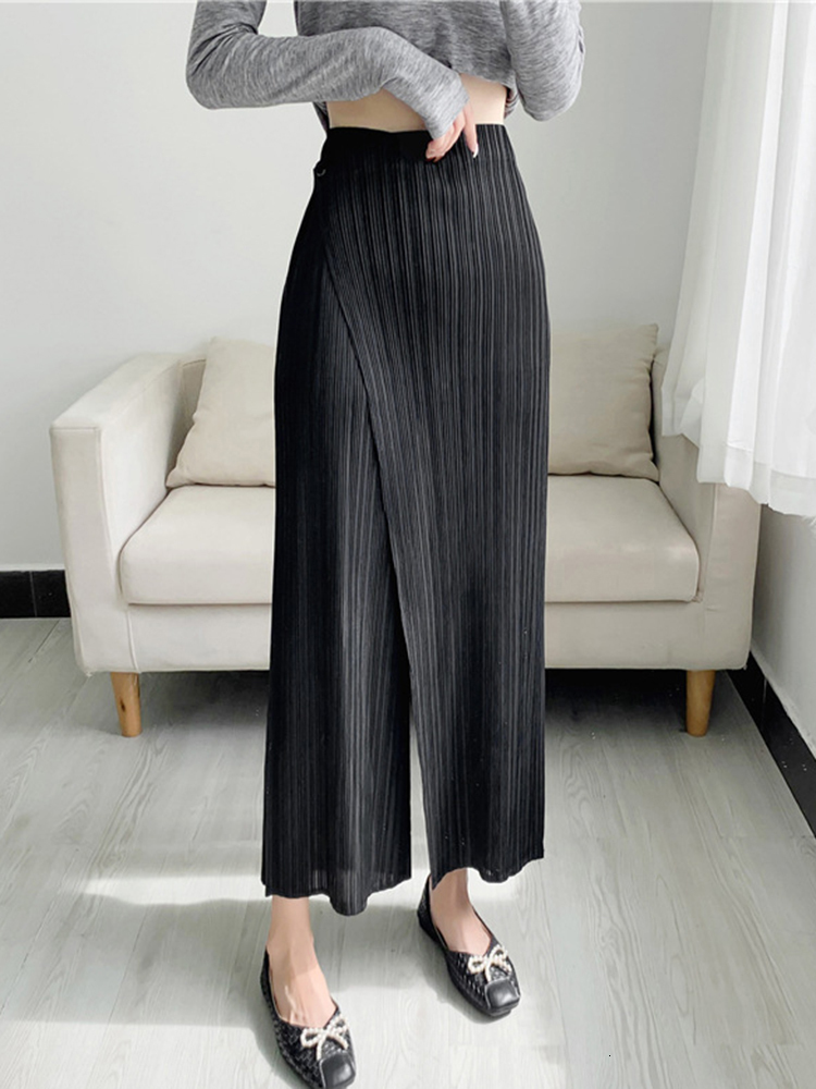 

Women's Pants s YUDX Women Pleated Solid Color Anklelength Elastic Waist Wide Leg Straight Female Trsouser Loose 2023 Summer 230419, Black