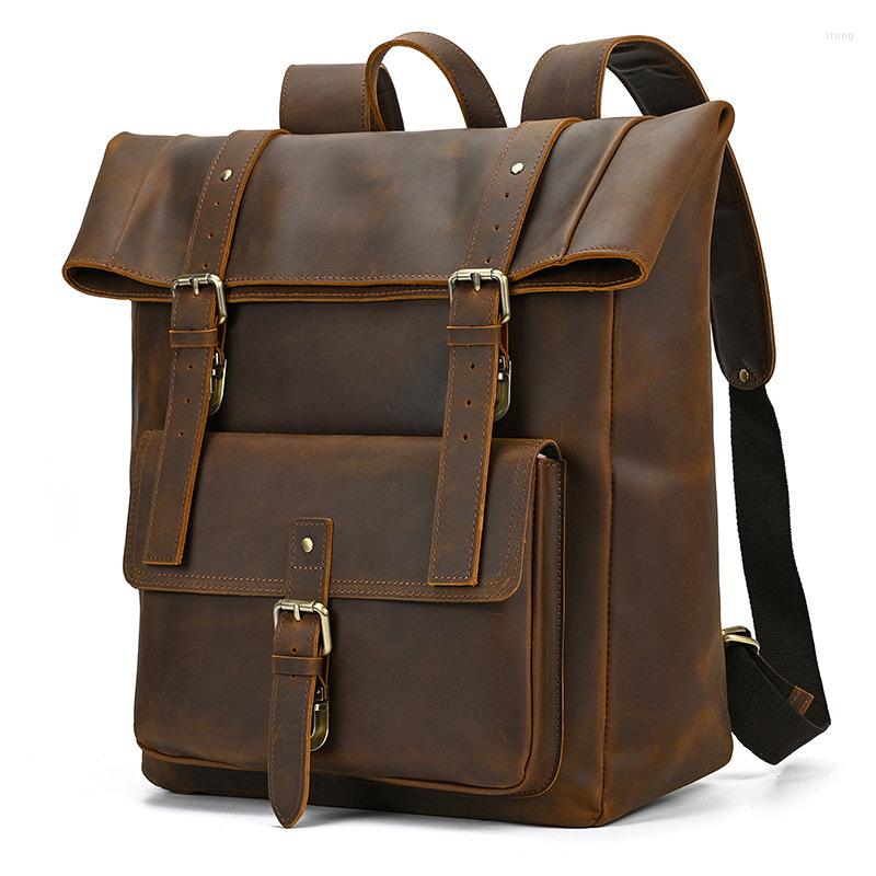 

Backpack AETOO European And American Retro Men's Crazy Horse Leather Student Schoolbag Large Capacity Travel Outdoor 16