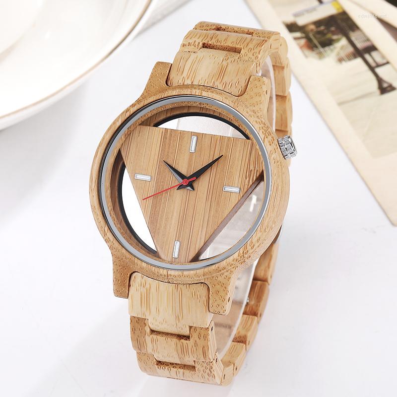 

Wristwatches Unique Wooden Quartz Movement Women Watches Creative Built-In Triangle Dial Design Watch For Clock Gifts Ladies 2023