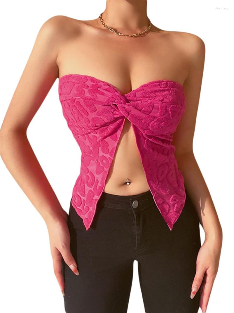 

Women' Tanks Women  Bandeau Tops Sleeveless Textured Letter Embroidery Twist Front Split Tube, Rose red