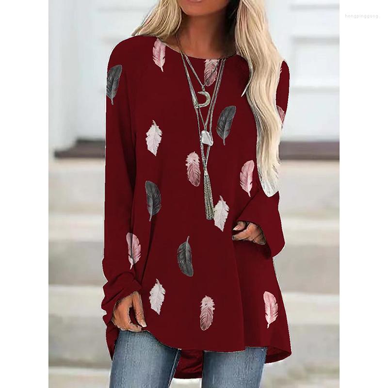 

Women's T Shirts Summer Casual Feather Print V Neck Long Sleeve Basic Shirt Harajuku Tunic Tops Loose Oversize Tee Female Clothing, Navy