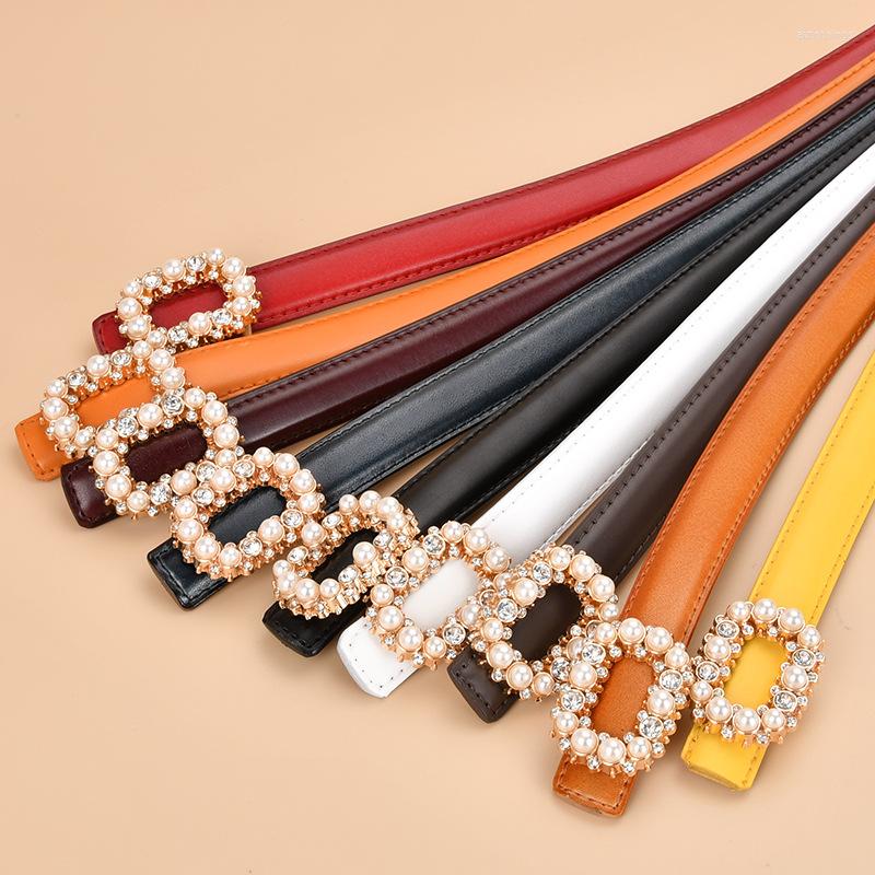 

Belts Women's With Pearl Rhinestone Round Buckle Decorative Belt Hundred Match Leather Smooth Wholesale, Black