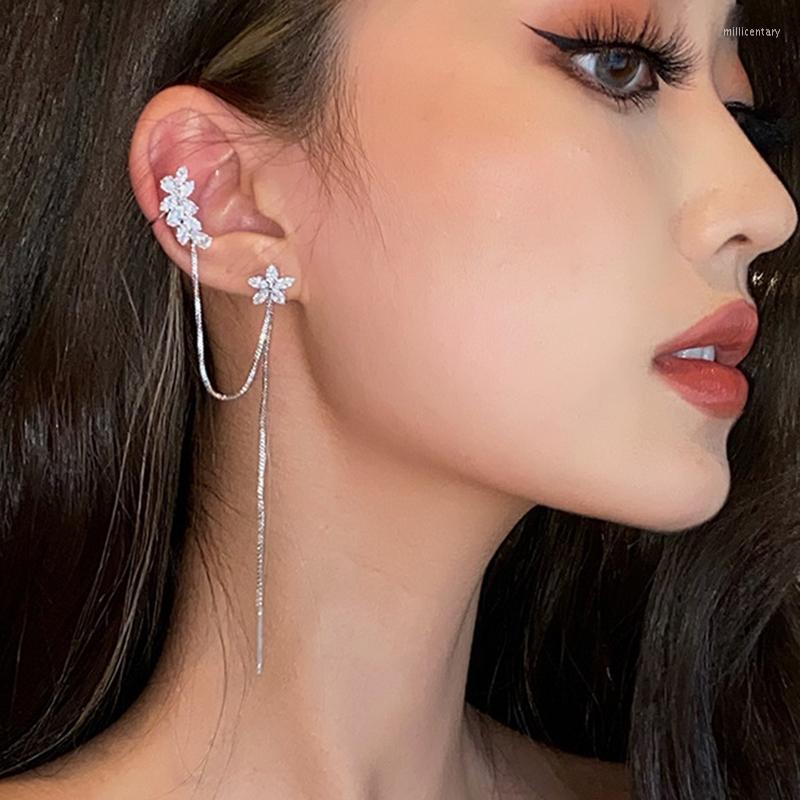 

Backs Earrings 1PC Arrival Crystal Trendy Water Rhinestone Flower Tassel Earbone Clip Long Pendant Female Elegant Jewelry