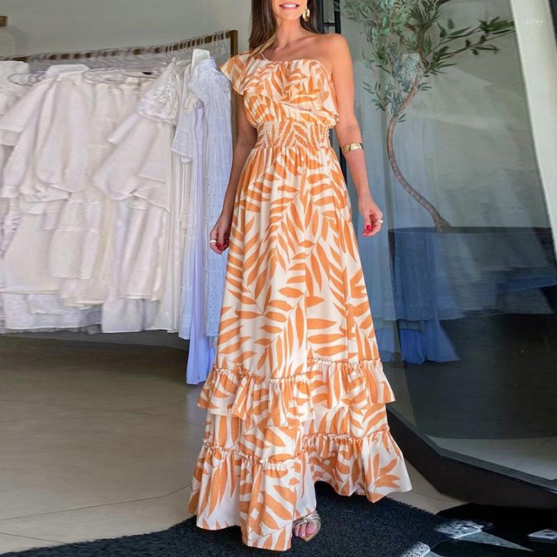 

Casual Dresses Elegant Leaf Print Waist Long Dress Sexy Off Shoulder Holiday Party Fashion Slash Neck Ruffled Short Sleeve Summer, 01 green