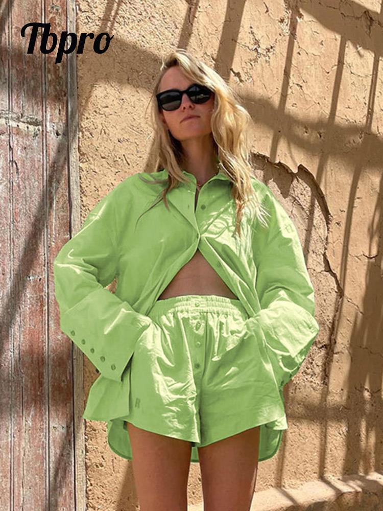 

Dress Women Casual Green Two Piece Set Loose Long Sleeve Shirt Summer Tops And Mini Shorts Suit 2022 Summer New Fashion Female Outfits