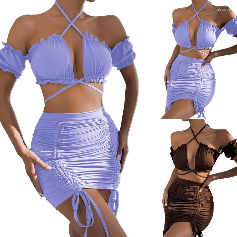 

Work Dresses Women's Two-Piece Outfits Pure Color Cutout Shoulder Short Sleeve Halterneck Tops High Waist Bandages Skirt