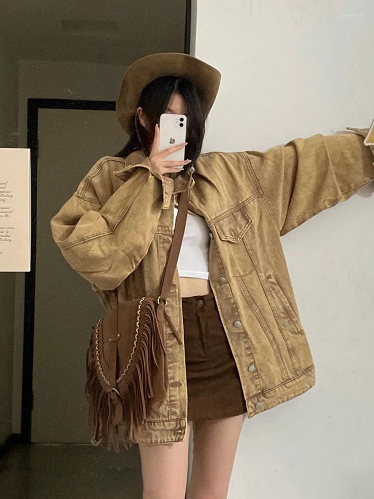

Women' Jackets Women' Vintage Long Sleeve Denim Jacket Lady Spring Autumn Streetwear Single Breasted Loose Outwear Top, Khaki