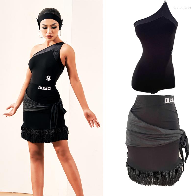

Stage Wear Sexy Ballroom Competiton Dance Clothes Black One-Shoulder Practice Top Lace-Up Fringed Skirts Women Latin Costume SL6484, Black top