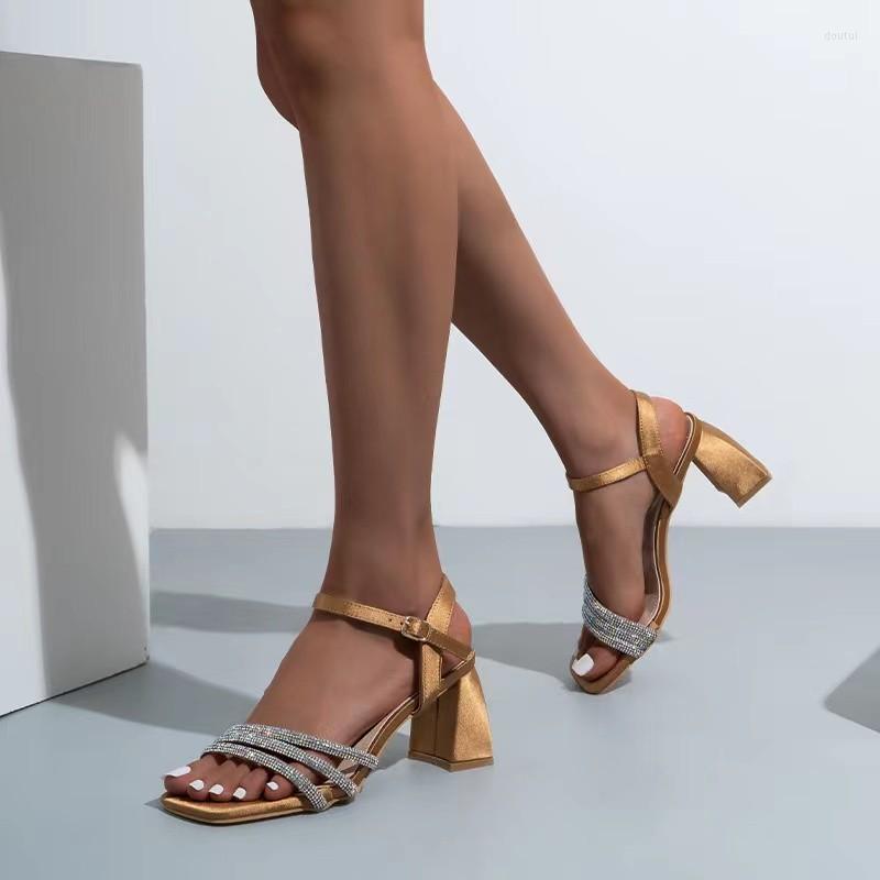 

Dress Shoes Fashion Rhinestone Med-heeled Sandals Women's Fairy Wind Summer 2023 Square Toe Open-toe Thick Heel Red, Light brown