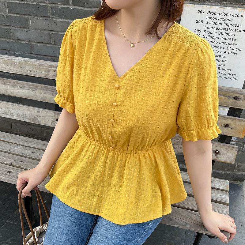 

Women's Blouses Women's Clothing Commute Solid Color Shirt Summer Fashion Button Spliced Elegant V-Neck Casual Short Sleeve Korean Loose, White