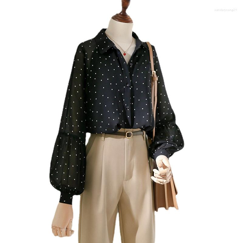 

Women' Blouses Black Polka Dot Chiffon Women Shirts Summer 2023 Turn-Down Collar Lantern Sleeved Loose Elegant Office Lady Outwear Tops