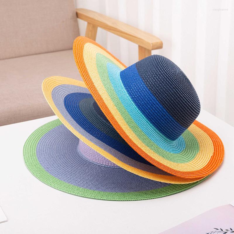 

Wide Brim Hats Summer Rainbow Straw Sun For Women Ladies Fashion Dome Flat Beach Hat Travel Dress Chapeau Femme