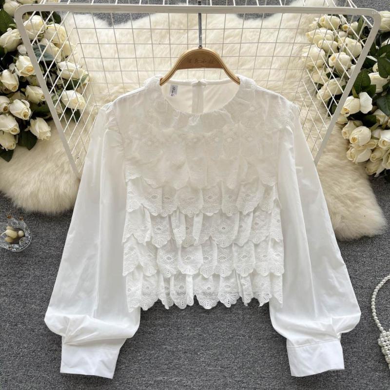 

Women's Blouses Spring French Premium Sense Of Design Lace Niche Long-sleeved Chic Blouse, Black