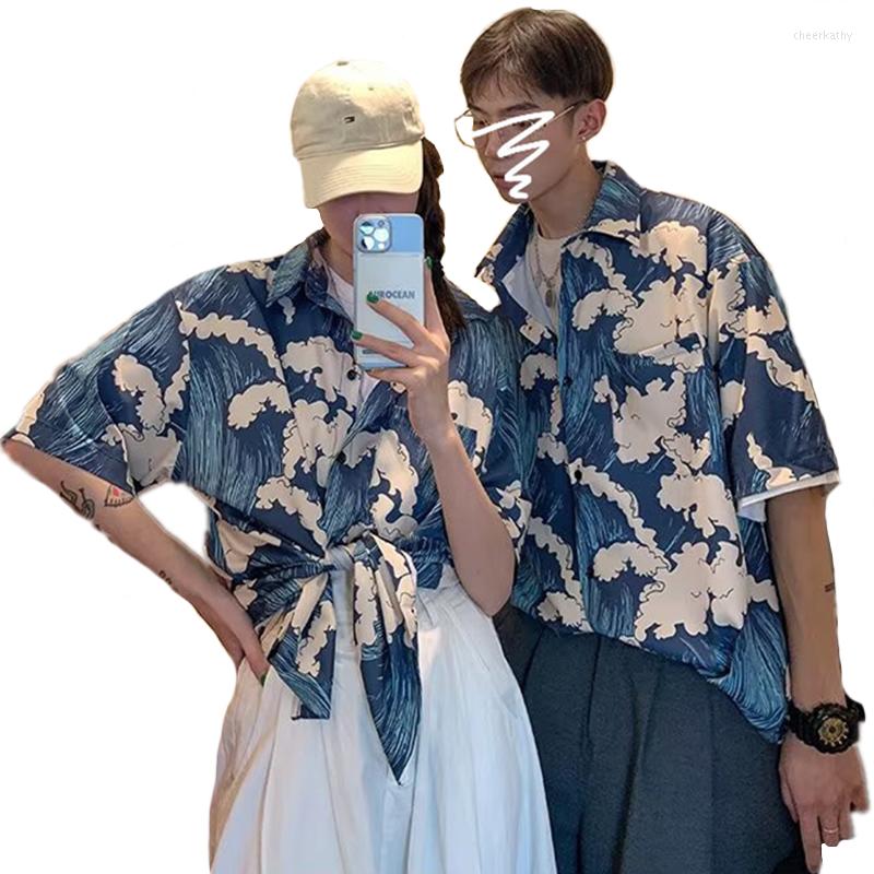 

Women's Blouses 2023 Summer Vintage Harajuku Style Blouse Waves And Wind Print Shirts Women Couple Matching Clothes Holiday Beach Tops, Blue