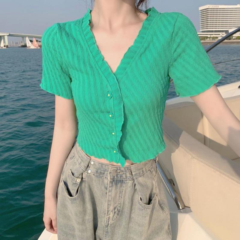 

Women's Blouses Chic Tee Shirt Comfortable Bottoming Lace Trim Women Solid Color Slim Knitting Cropped Top Dressing Up, Green