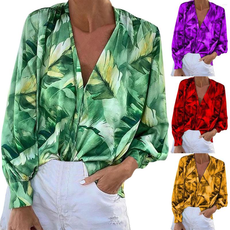 

Women' Blouses Fashion Tunic Hawaiian Women Blouse Vintage Pattern Print Long Sleeve V Neck Shirts Elegant Female Workout Tops Camisas Y, Green