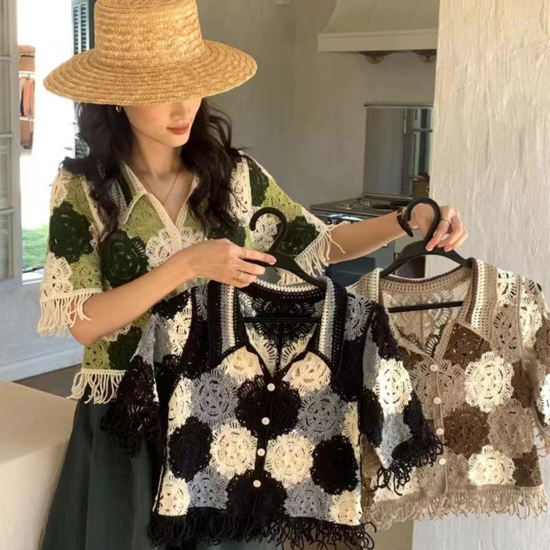 

Women's T Shirts Women Vintage Tassel Trim Half Sleeve Crop Top Sweater Cardigan Embroidery Crochet Knit Floral Button Down Loose, Black