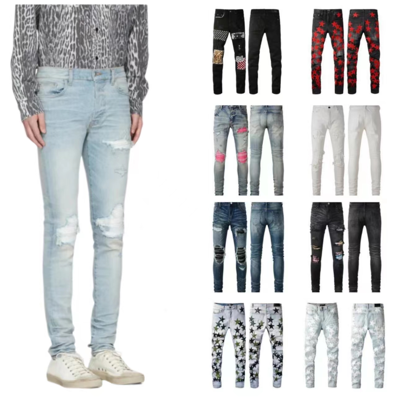 

Designer Jeans For Mens High Street Mens Jeans Embroidery pants Womens Purple Jeans Oversize Ripped patch Denim Straight Streetwear slim legged Washed Jeans