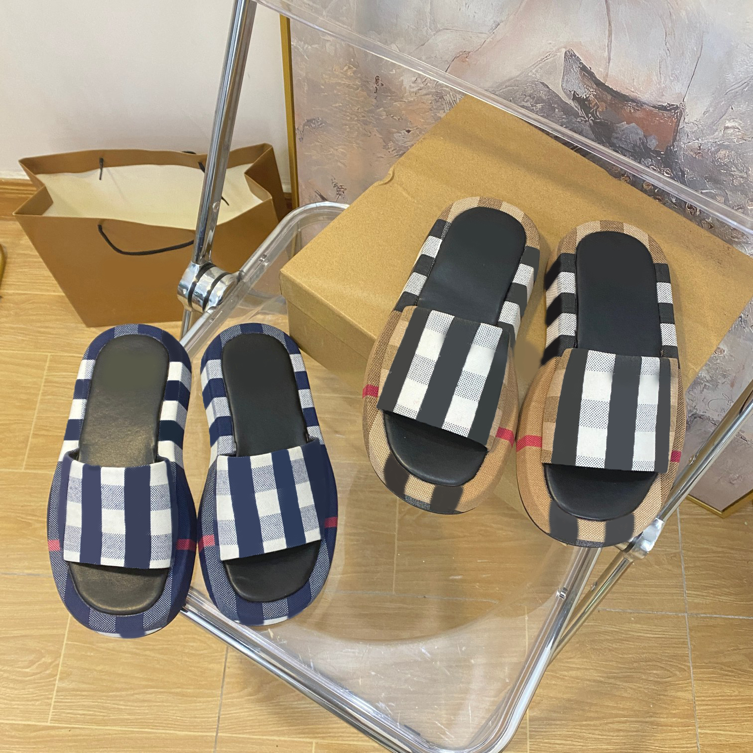 

2023 Vintage Slippers Women Fashion Letter BUR Buffalo Plaid Slides Platform Mule Luxury Summer Ladies Flip Flops Rubber Gear Bottom Sandal Beach Designer Shoes, Bury4126