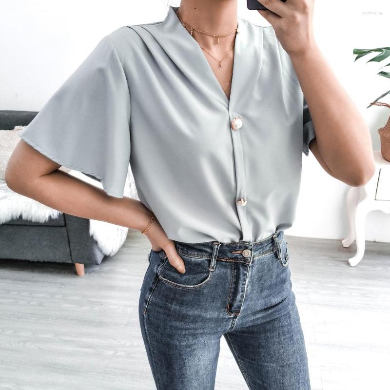 

Women' Blouses Summer V Neck Lotus Leaf Short Sleeve Button Chiffon Women Fashion Solid Color Tops, Beige