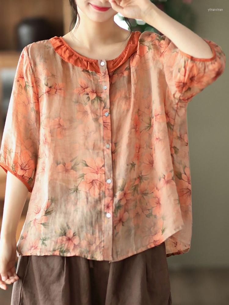 

Women's Blouses Leisure Shirt Green Red Womens Tops Mujer Vintage Floral Print Casual Retro Summer Cotton Linen Blouse Ladies Top Blusas