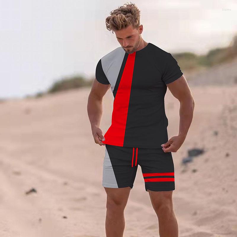 

Men' T Shirts Fashion Summer Round Neck T-shirt Set Contrast 3D Printing Men' Beach Pants Street Jogging Short Sleeve Suit