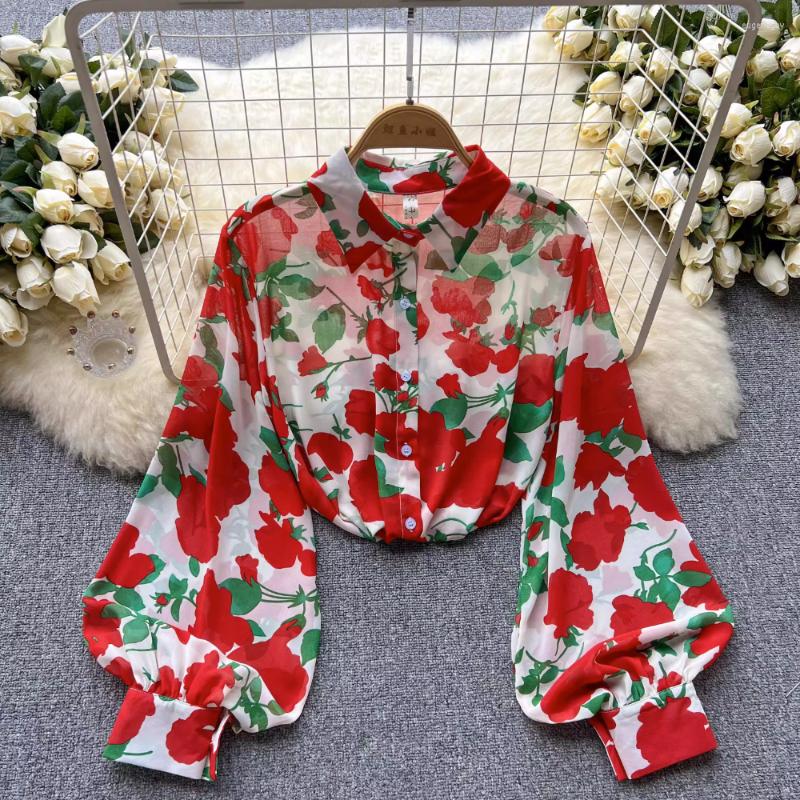 

Women's Blouses Spring And Summer Long-sleeved French Retro Blouse Female Thin Loose Polo Collar Lantern Sleeve Floral Section Shirt, Blue