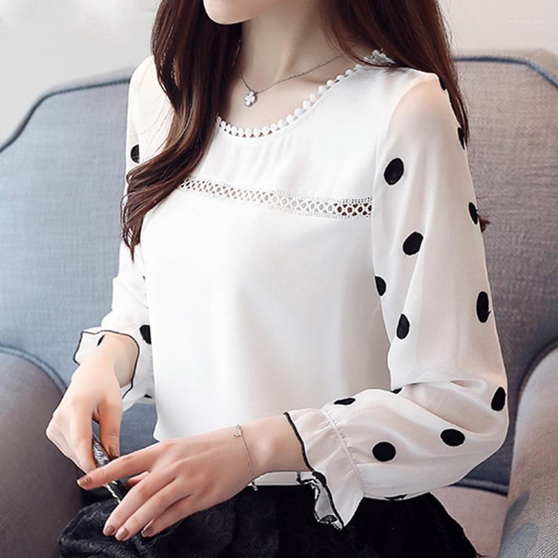 

Women' Blouses Casual O-neck Loose Chiffon White Blouse Fashion Polka Dot Hollow Women Clothes Autumn Long Sleeve Office Lady Shirt Blusas